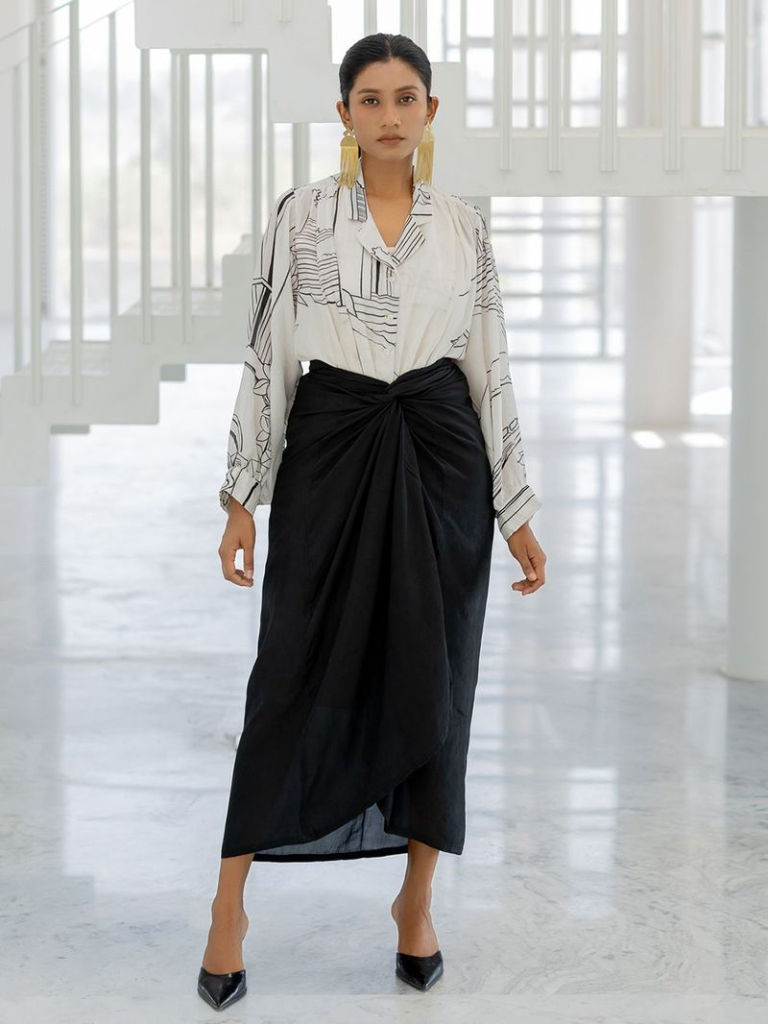 White Black Printed Silk Voile Co-ord Set
