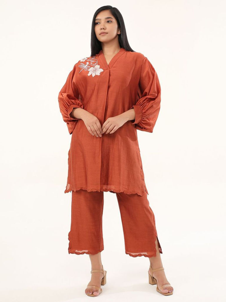 Rust Applique Work Chanderi Silk Co-ord Set
