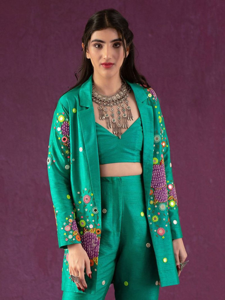 Green Hand Embroidered Dupion Silk Co-ord Set