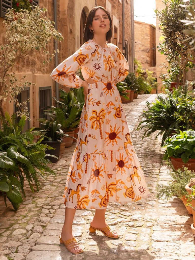 White Yellow Printed Linen Dress