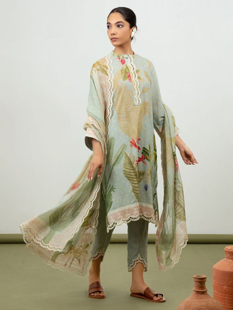 Sky Blue Printed Cotton Silk Suit