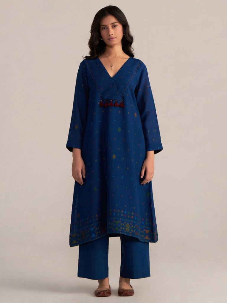 Blue Woven Cotton Kurta with Pants