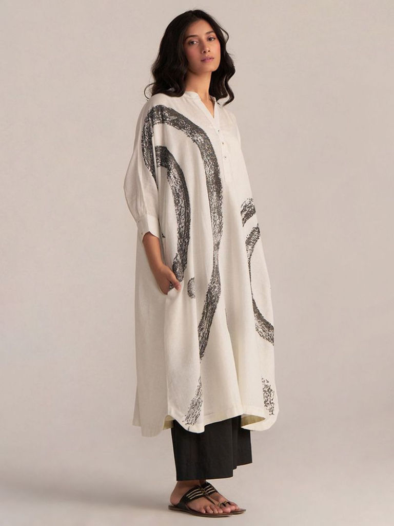 Off White Woven Cotton Kurta with Slip and Pants