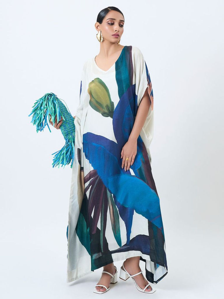 White Blue Printed Viscose Dress