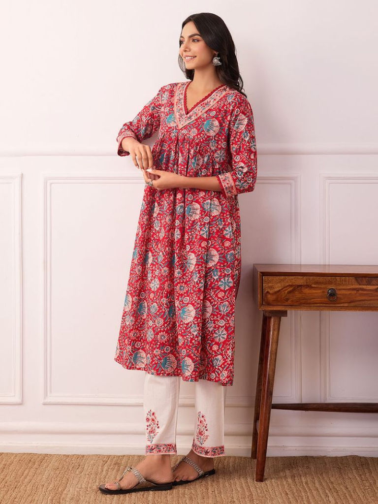 Red Hand Block Printed Cotton Suit