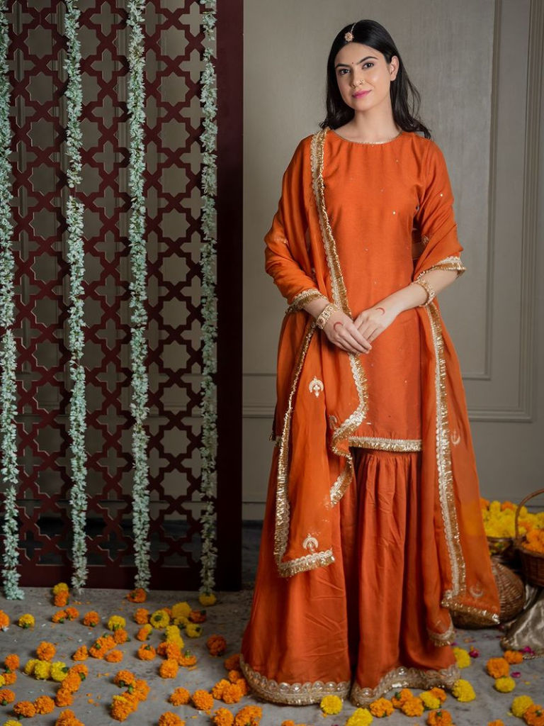 Orange Embroidered Chanderi Lace Work Sharara Suit