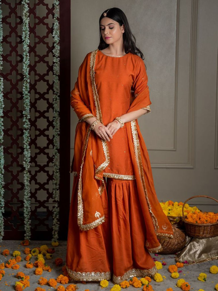 Orange Embroidered Chanderi Lace Work Sharara Suit