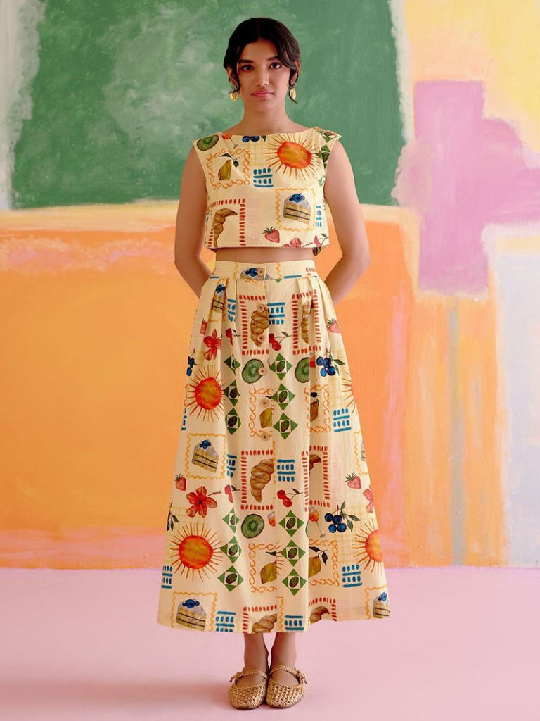 Yellow Printed Poplin Top with Skirt