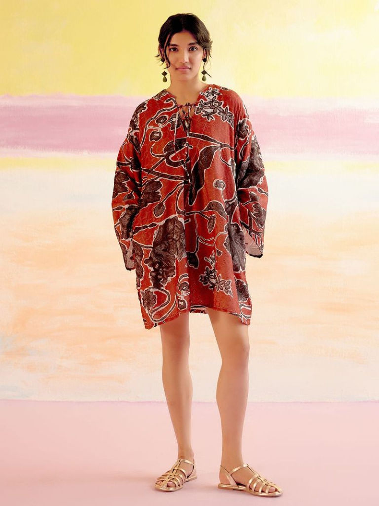 Red Printed Cotton Schiffli Dress