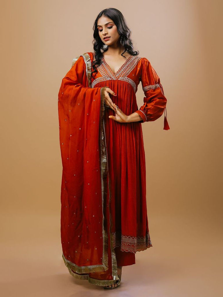 Rust Embroidered Chanderi Suit