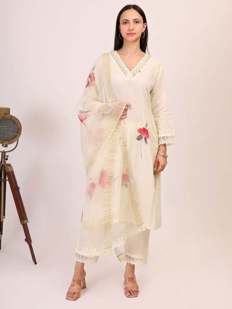 Beige Hand Painted Cotton Suit