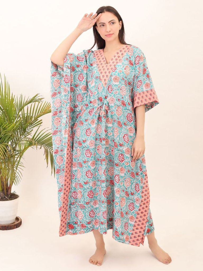 Blue Hand Block Printed Cotton Kaftan