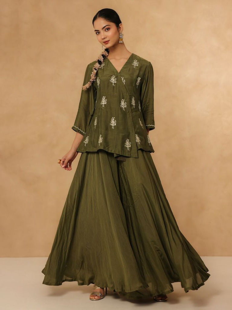 Olive Green Embroidered Muslin Co-ord Set