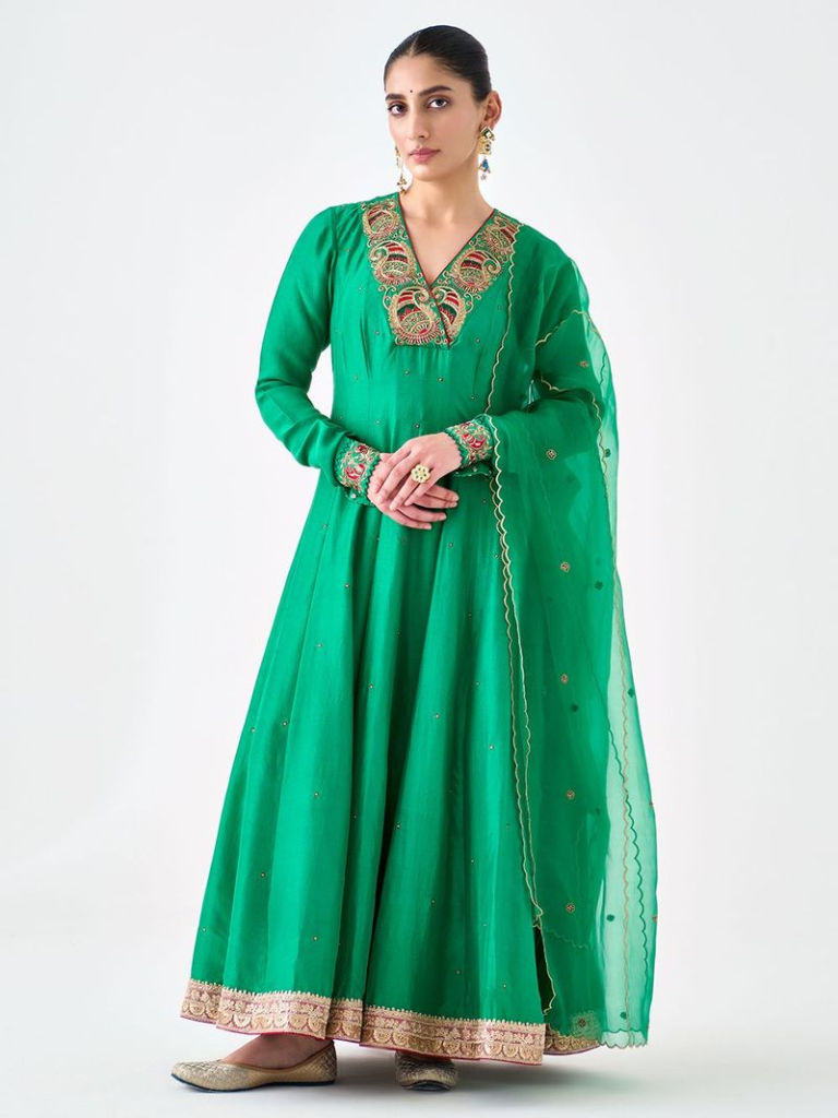 Green Embroidered Dupion Silk Suit