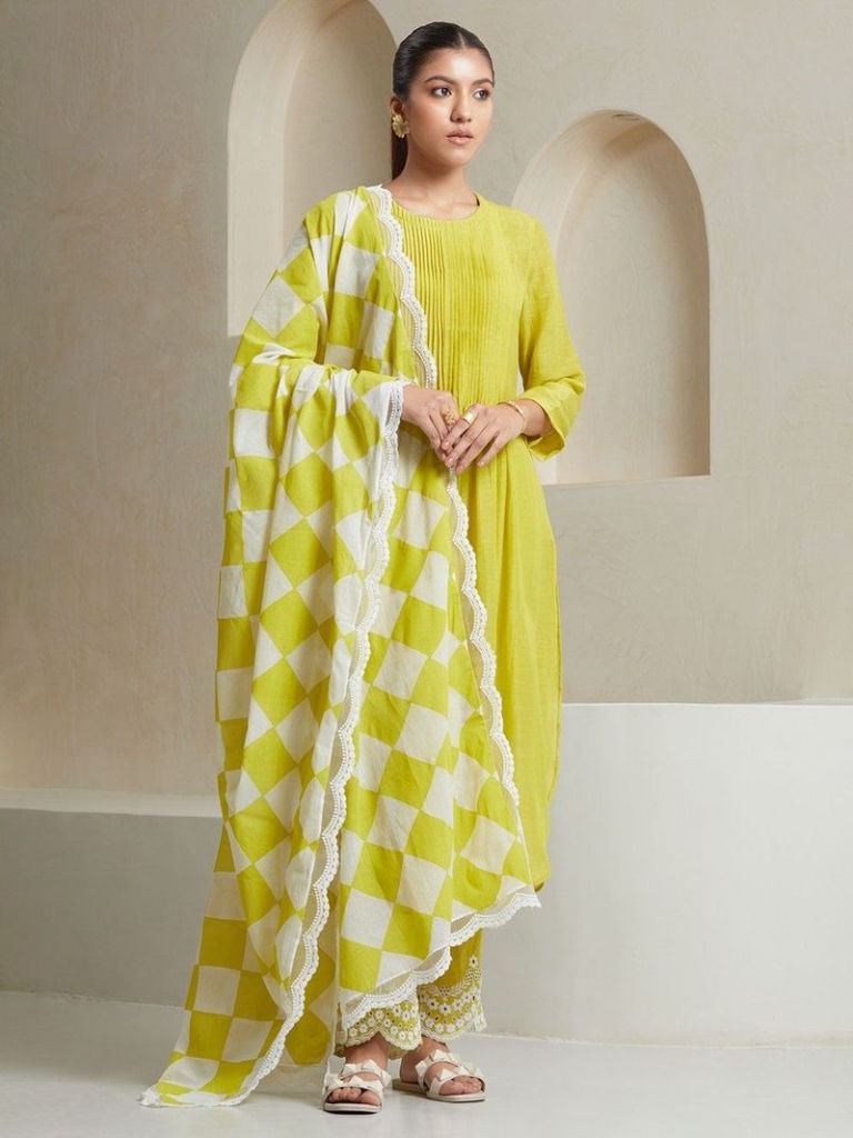 Yellow Pleated Linen Kurta with Cotton Pants