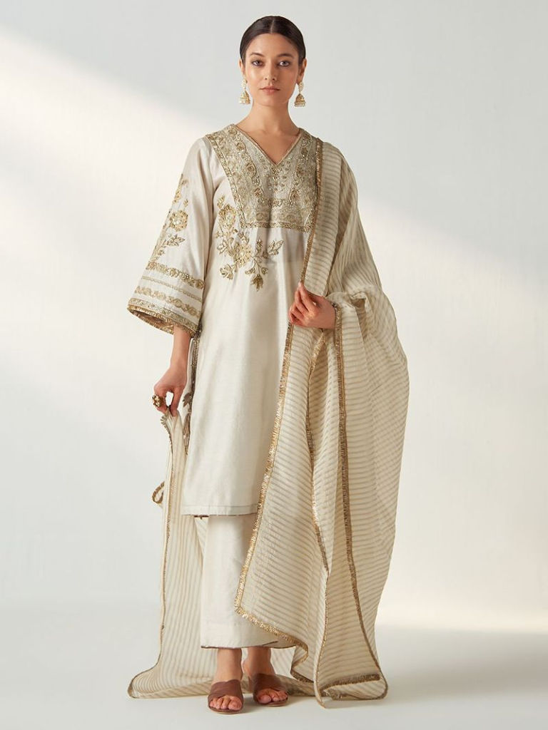 Ivory Hand Embroidered Chanderi Suit