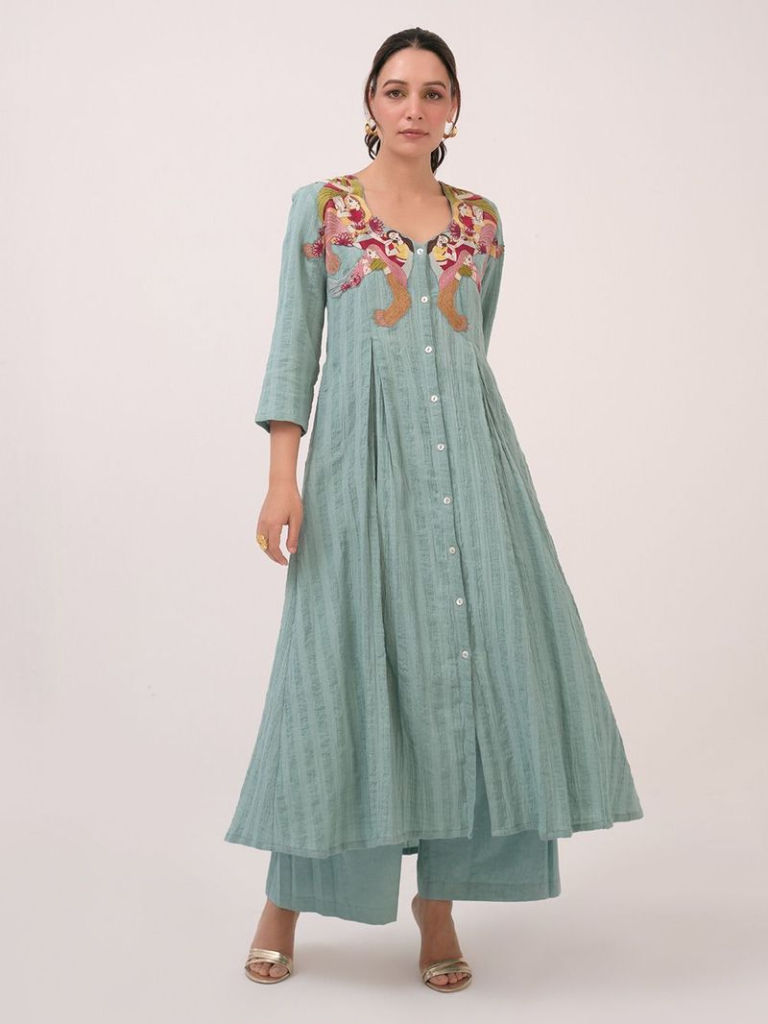Teal Blue Hand Embroidered Cotton Kurta with Pants