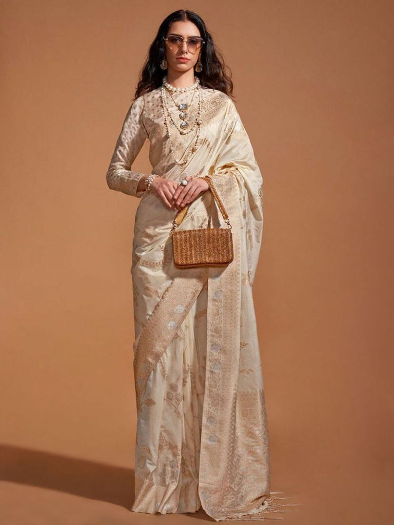 Cream Woven Georgette Saree