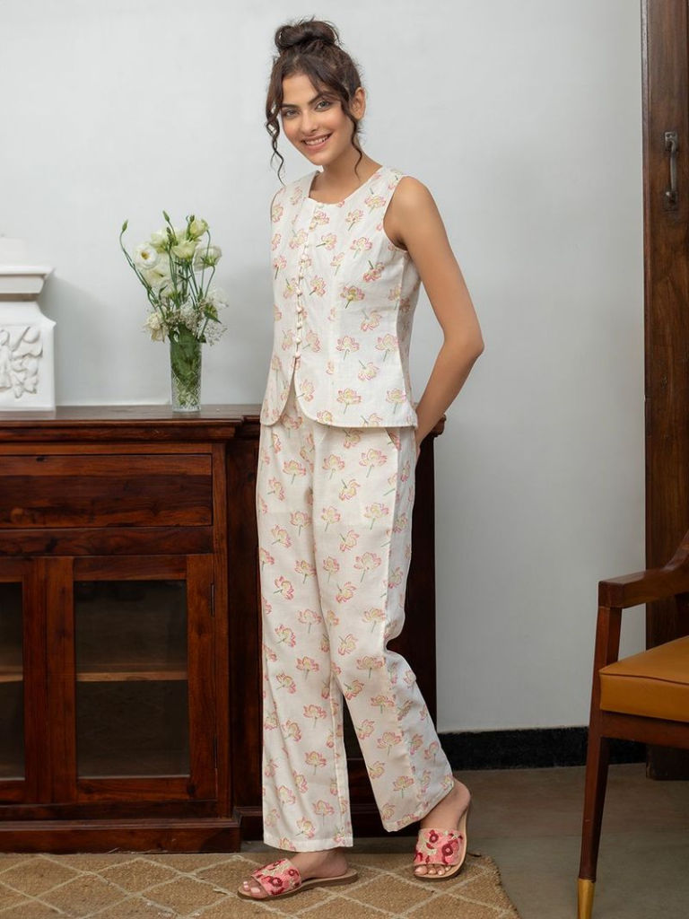 White Hand Block Printed Chanderi Co-ord Set