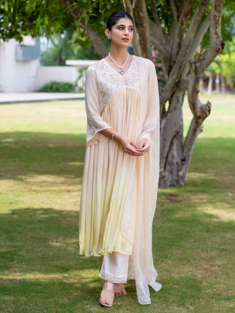 Peach Hand Embroidered Satin Georgette Suit