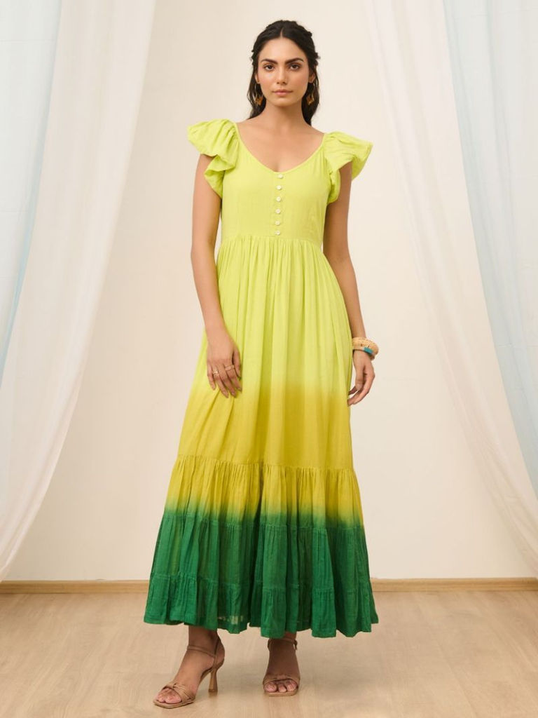 Lime Green Ombre Dyed Cotton Voile Dress