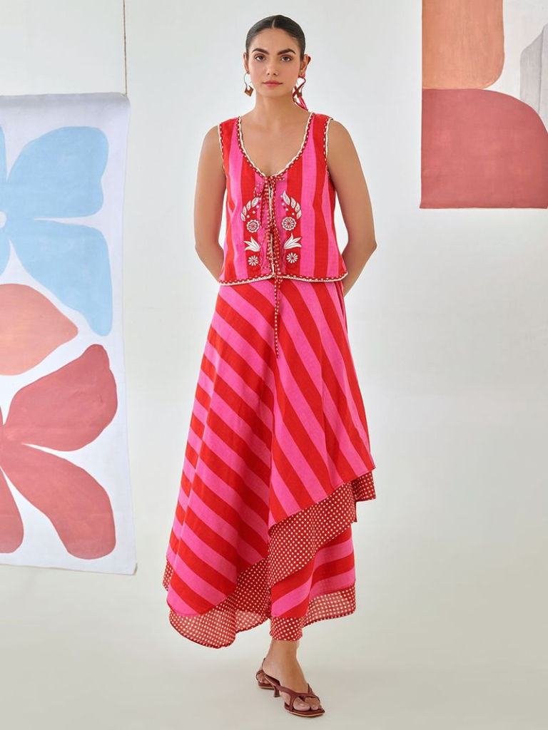 Fuchsia Red Embroidered Cotton Top with Skirt