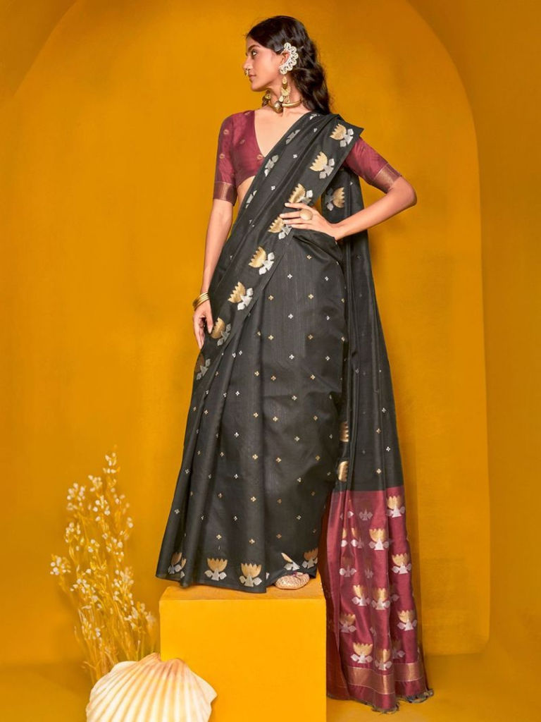 Black Woven Tussar Silk Blend Saree