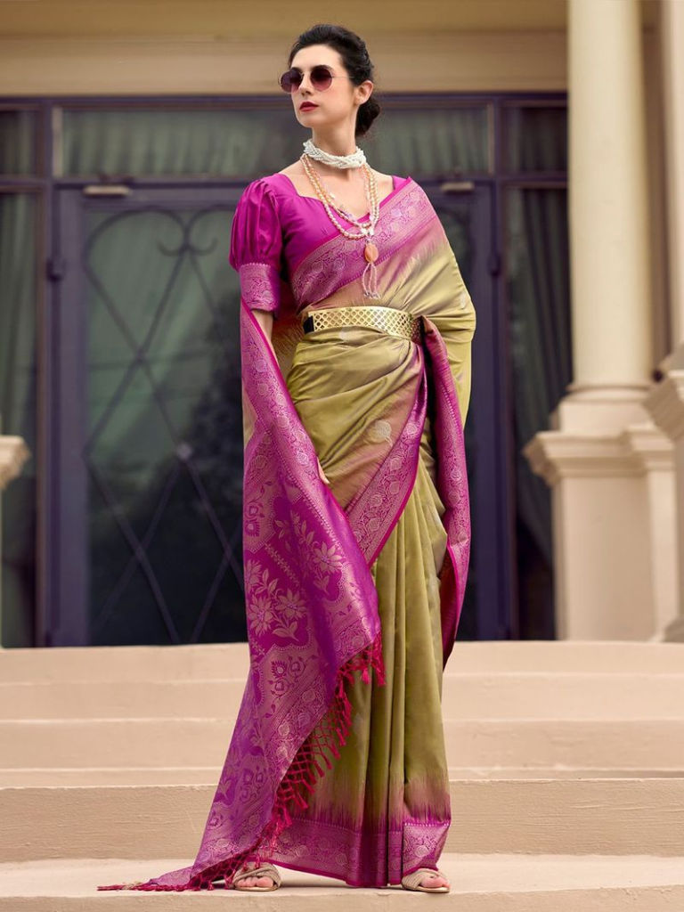 Mehndi Green Pink Woven Silk Blend Banarasi Saree