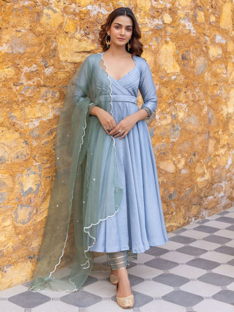 Light Blue Embroidered Chiffon Crepe Suit