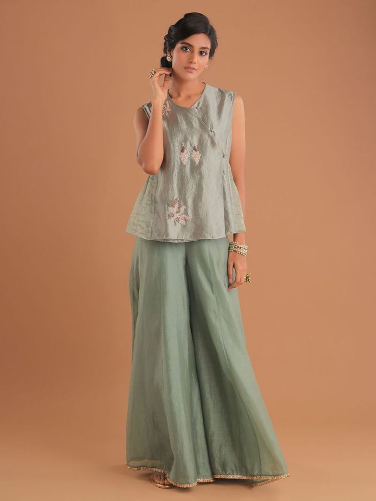 Light Green Hand Embroidered Dupion Silk Co-ord Set