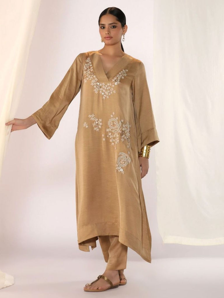 Beige Hand Embroidered Linen Satin Kurta with Pants