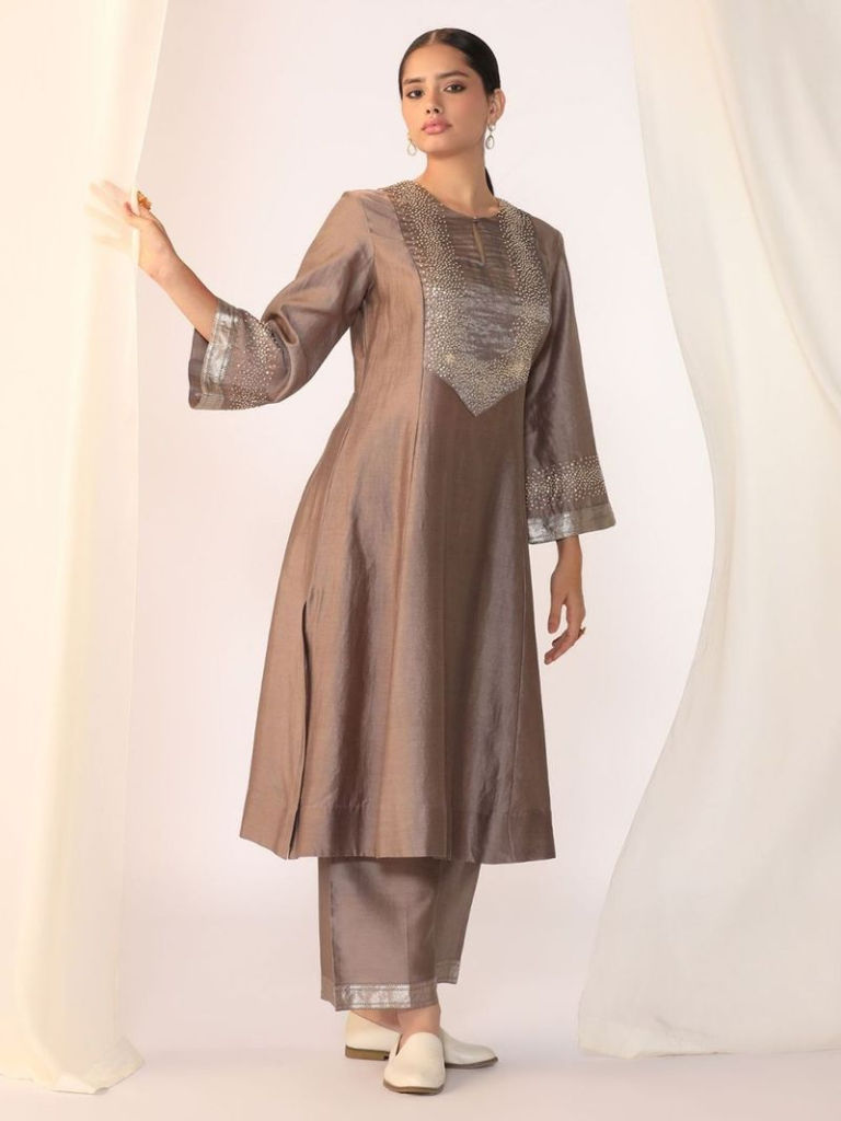 Grey Hand Embroidered Silk Kurta with Pants