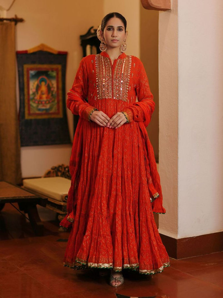 Orange Mirror Embroidered Cotton Suit
