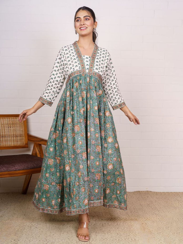 Beige Green Hand Block Printed Cotton Dress