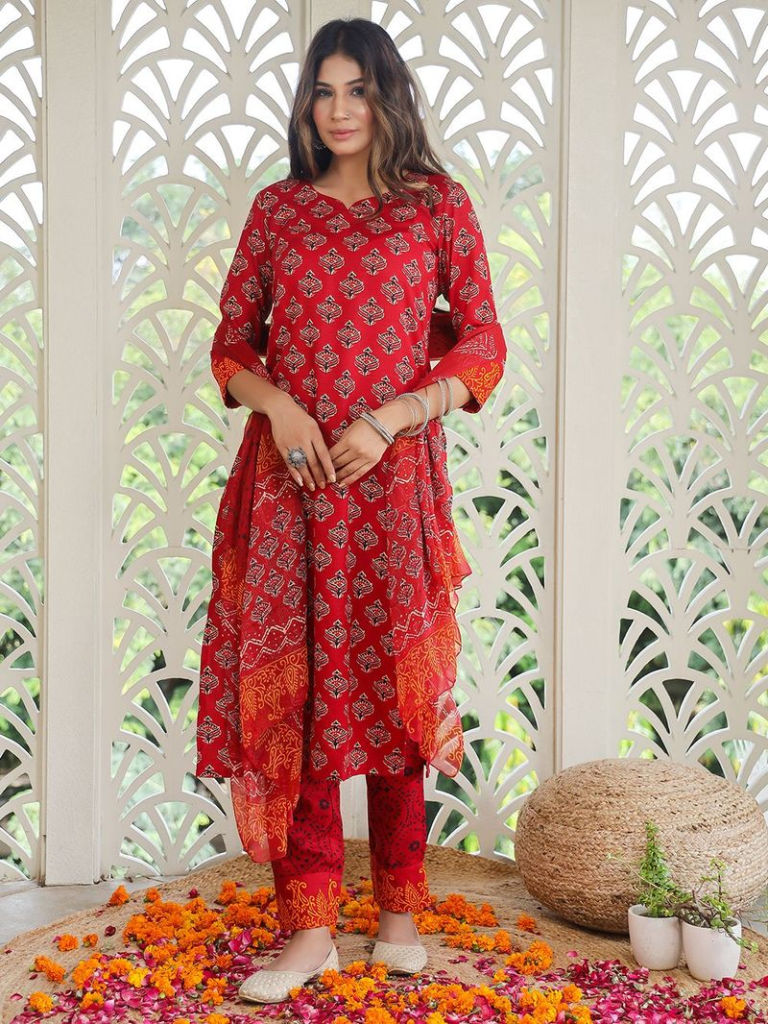 Red Printed Cotton Suit