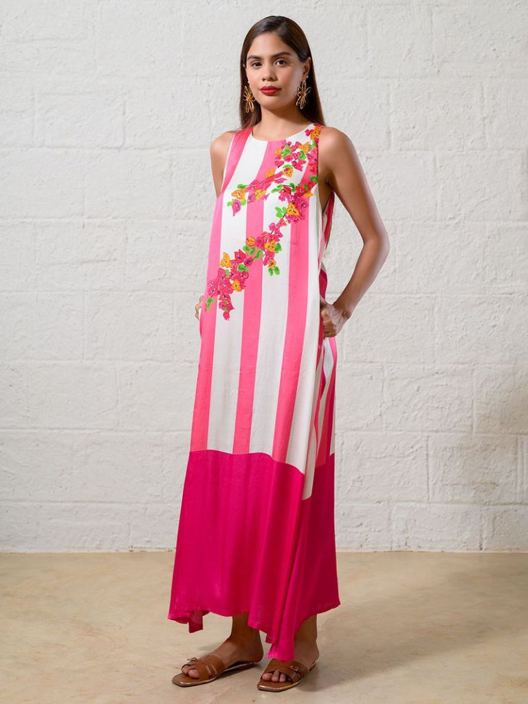 Pink White Striped Modal Dress