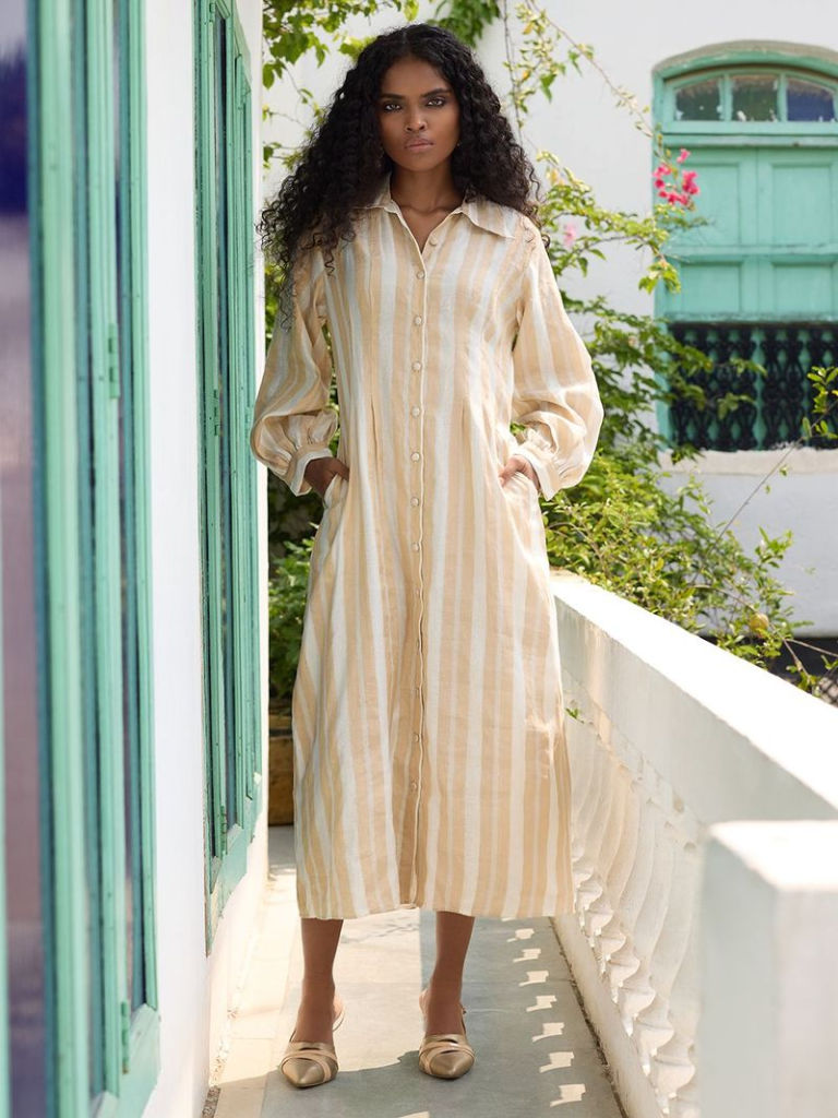 Cream White Striped Handwoven Chanderi Dress