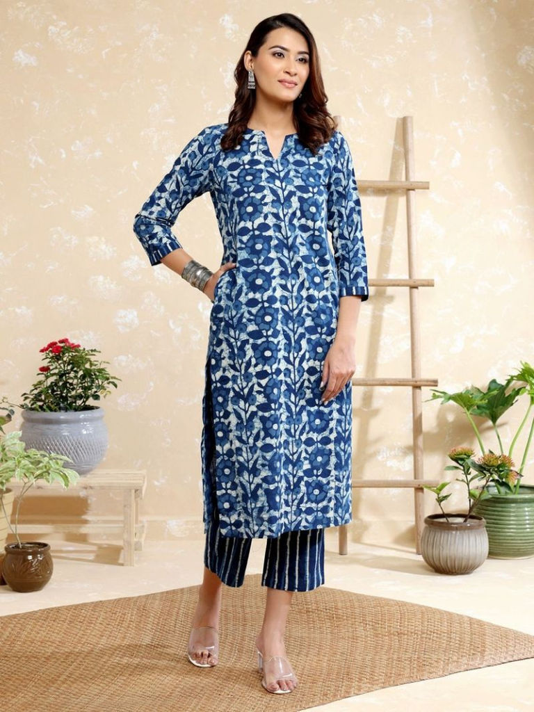 Blue Hand Block Printed Cotton Kurta with Pants