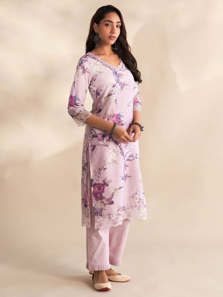 Lilac Printed Cambric Cotton Kurta