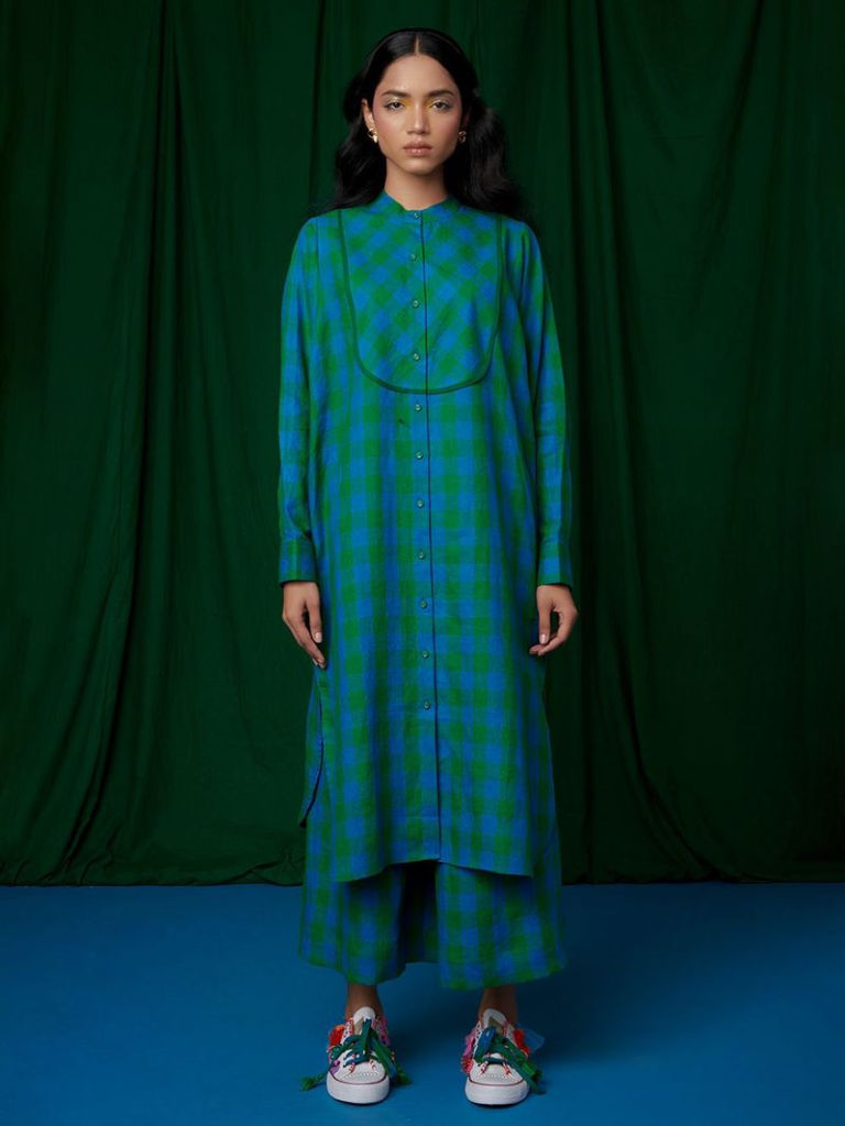 Green Blue Striped Linen Kurta