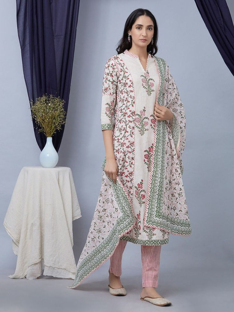 Pink White Hand Block Printed Cotton Kurta with Striped Pants and Dupatta