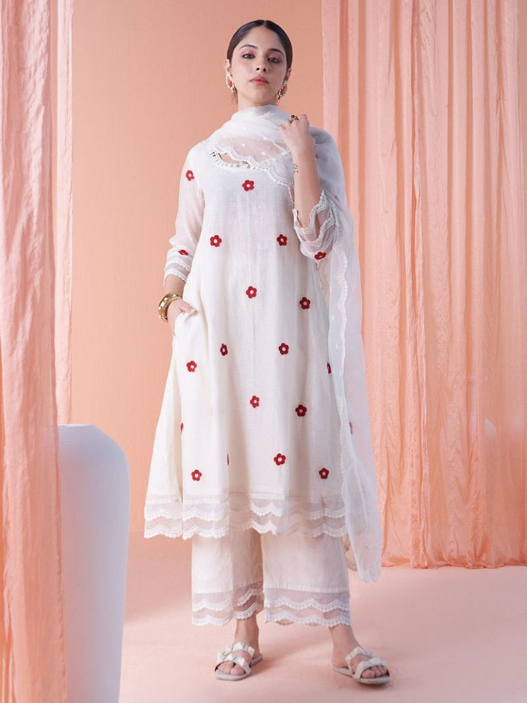 Ivory Embroidered Chanderi Kurta with Pants