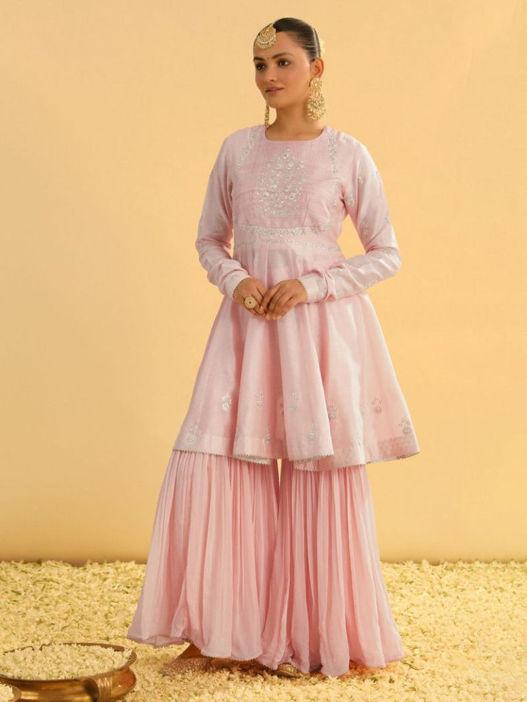 Light Pink Kashmiri Tilla Embroidered Chanderi Silk Gharara Suit
