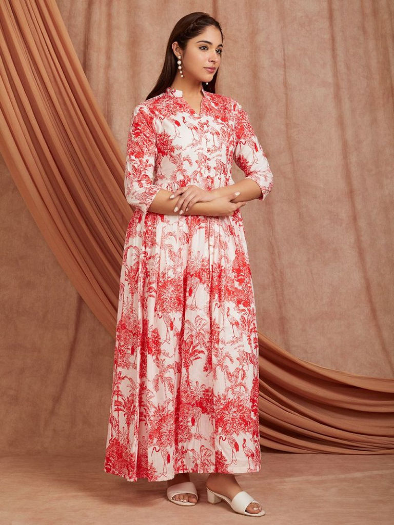 White Red Printed Cotton Kurta