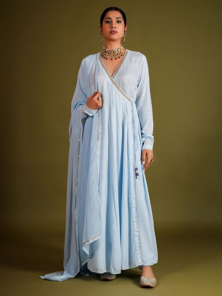 Powder Blue Hand Embroidered Cotton Suit