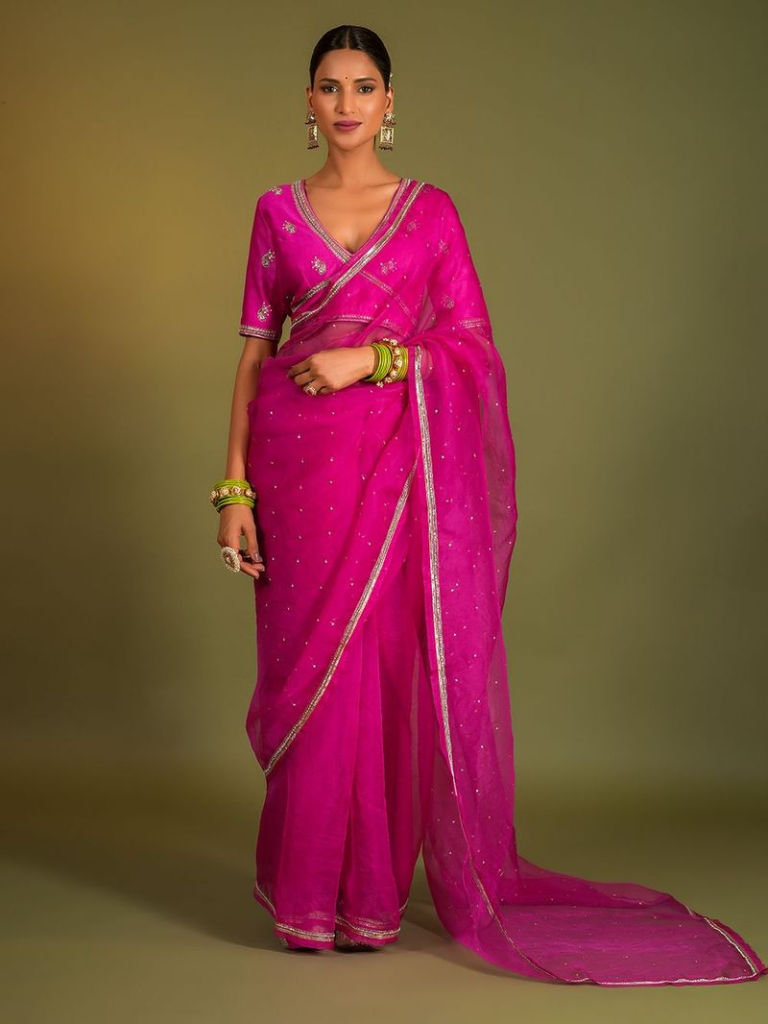 Fuchsia Hand Embroidered Organza Silk Saree with Blouse