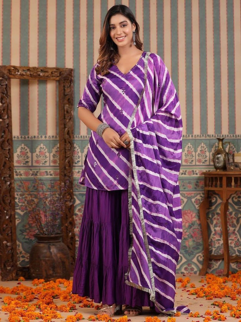 Purple Leheriya Muslin Sharara Suit
