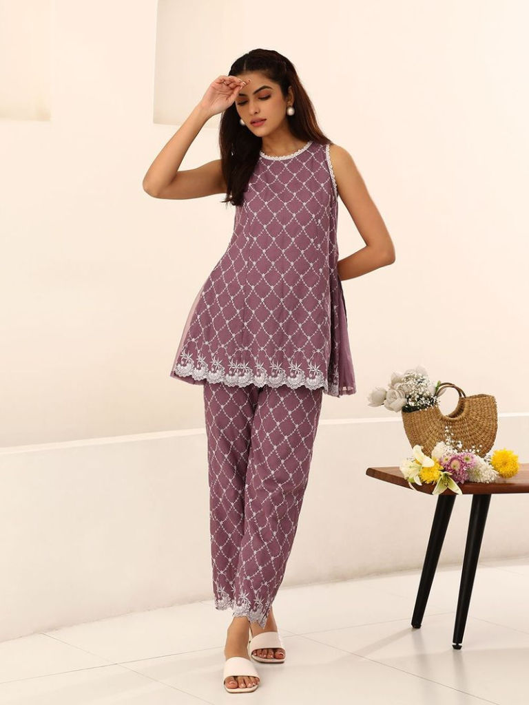 Purple Embroidered Cotton Co-ord Set