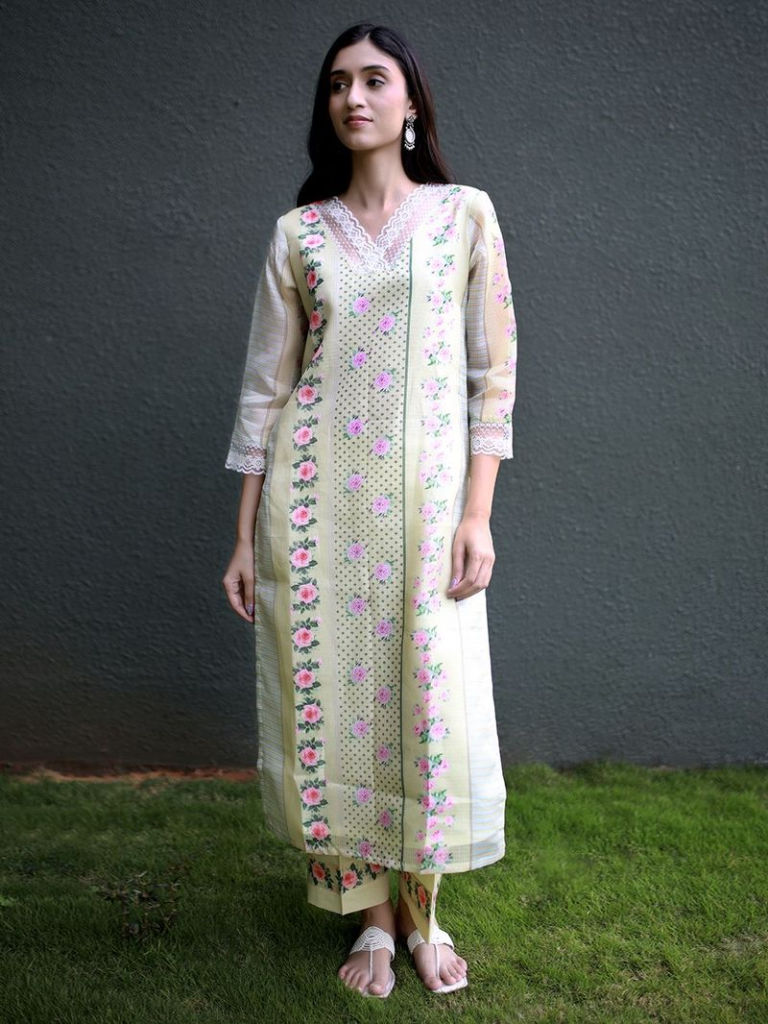 Yellow Printed Kota Modal Kurta