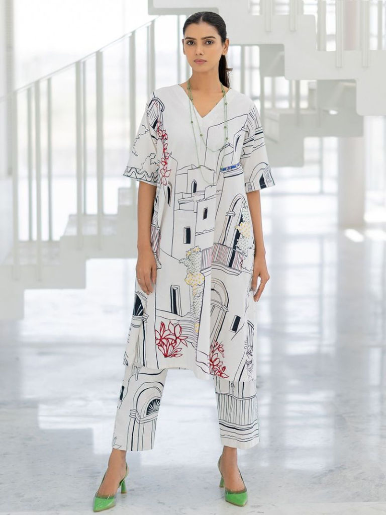 White Black Printed Poplin Hand Embroidered Kurta